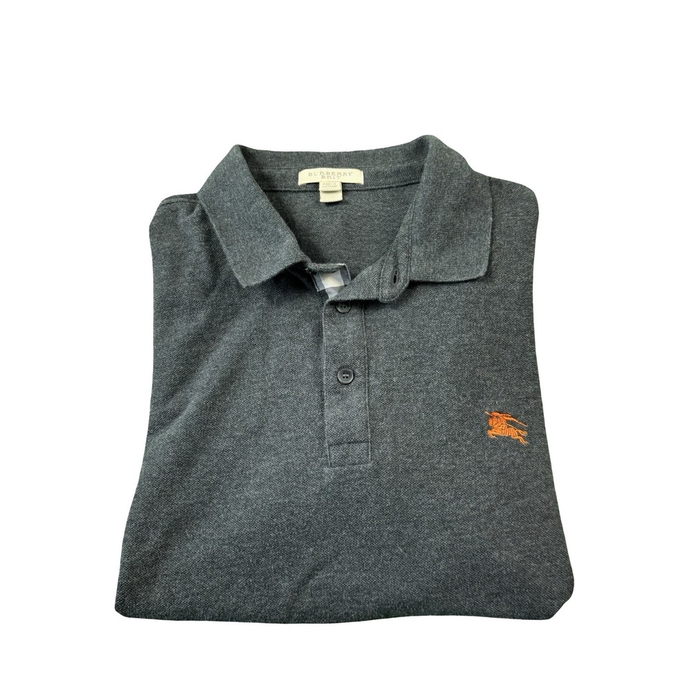 Burberry Brit Gray Nova Check Placket Orange Horseman Cotton Polo Shirt Mens M